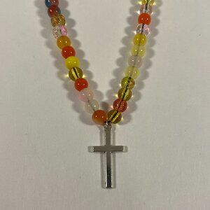 Silver Cross Orange/Yellow Glass Bead Necklace NWT